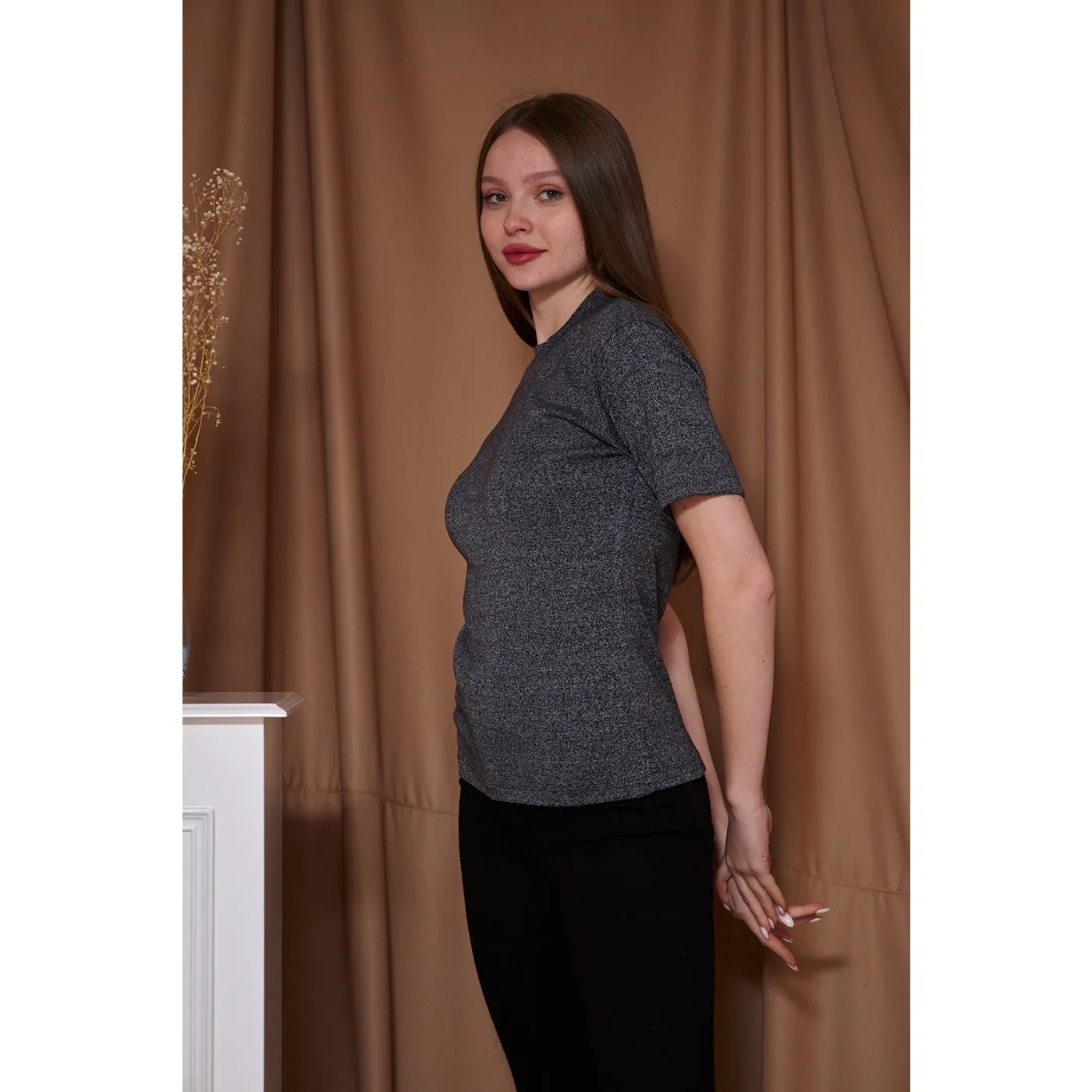 Charcoal Melange Mock Neck Half Sleeves