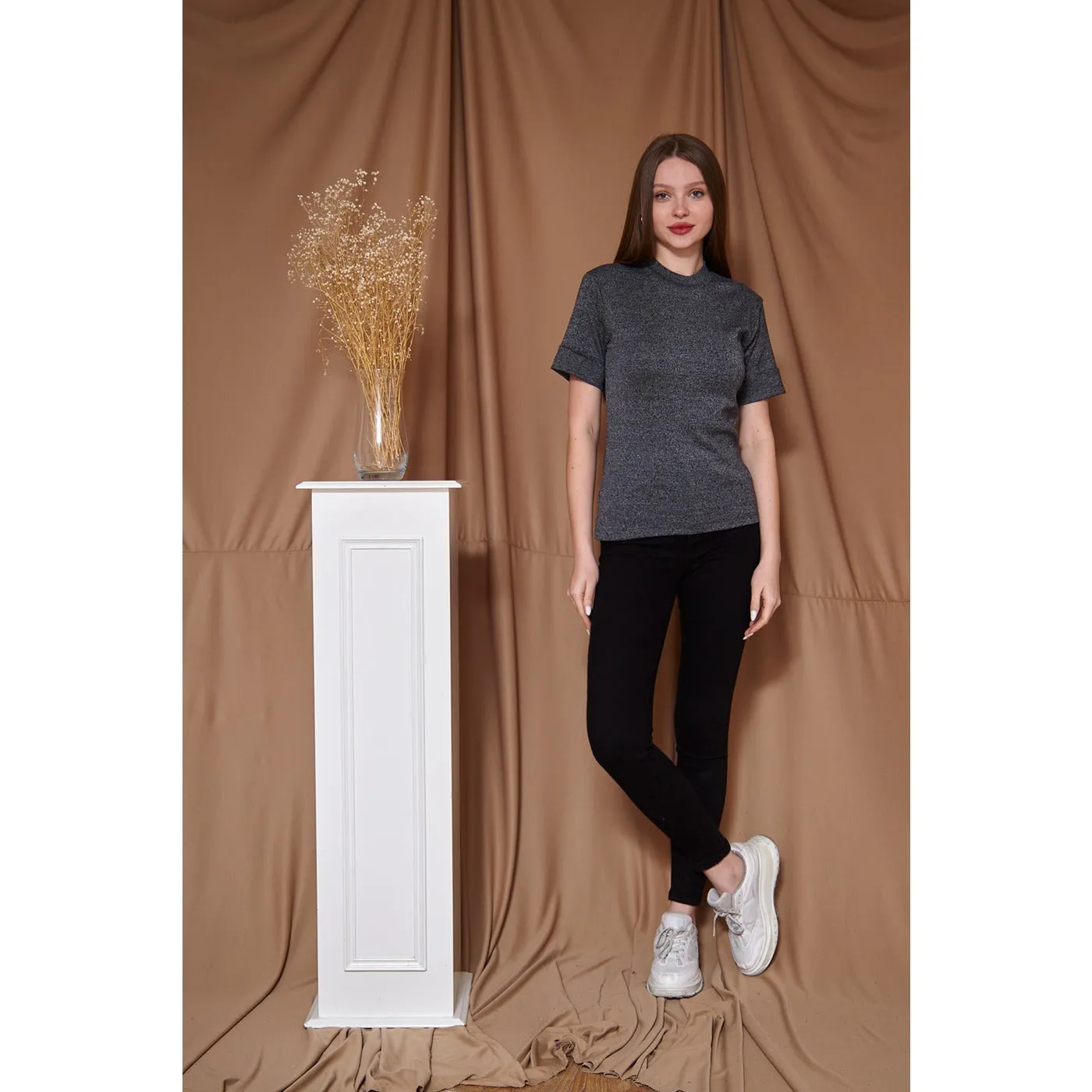 Charcoal Melange Mock Neck Half Sleeves