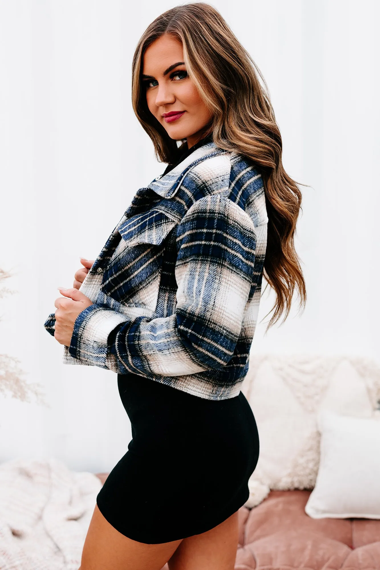 Chic Observations Cropped Plaid Shacket (Navy)