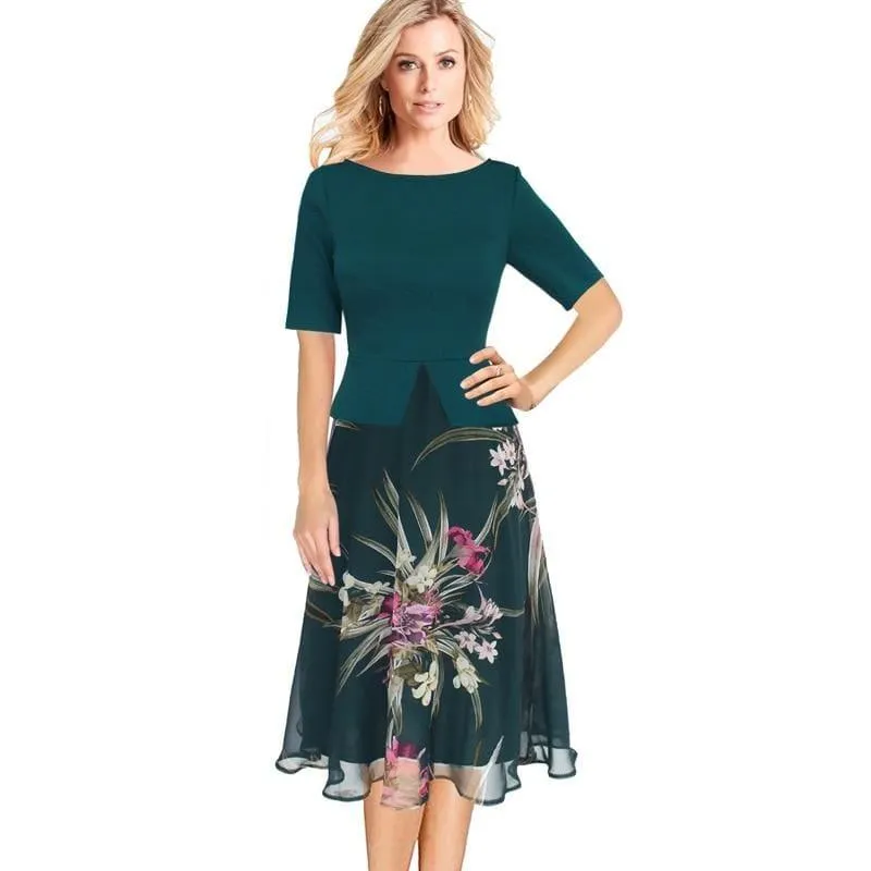 Chiffon Floral Print  Tunic Work Office Wear Fit and Flare A-Line Midi Dress