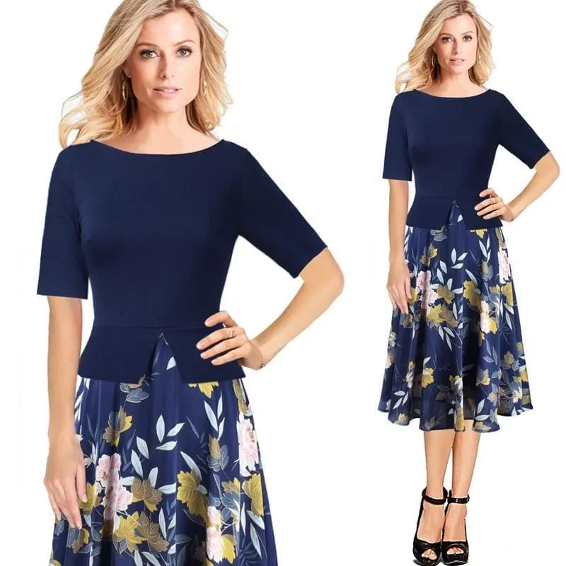 Chiffon Floral Print  Tunic Work Office Wear Fit and Flare A-Line Midi Dress