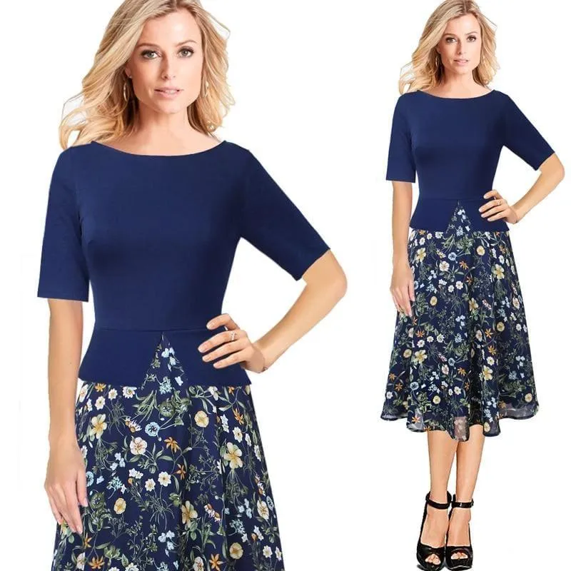 Chiffon Floral Print  Tunic Work Office Wear Fit and Flare A-Line Midi Dress