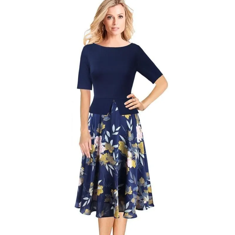 Chiffon Floral Print  Tunic Work Office Wear Fit and Flare A-Line Midi Dress