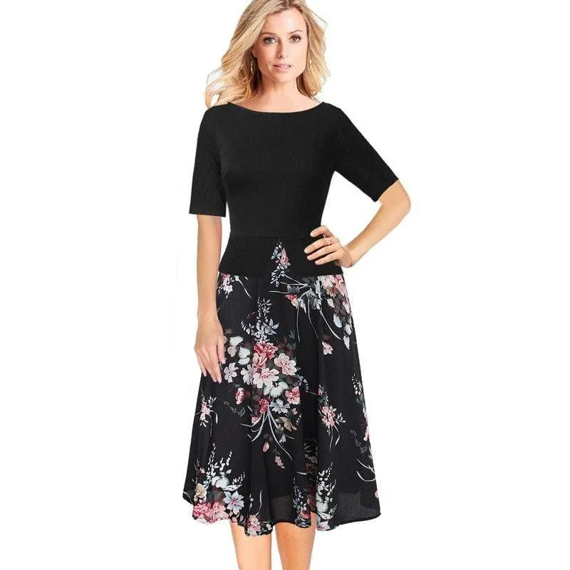 Chiffon Floral Print  Tunic Work Office Wear Fit and Flare A-Line Midi Dress