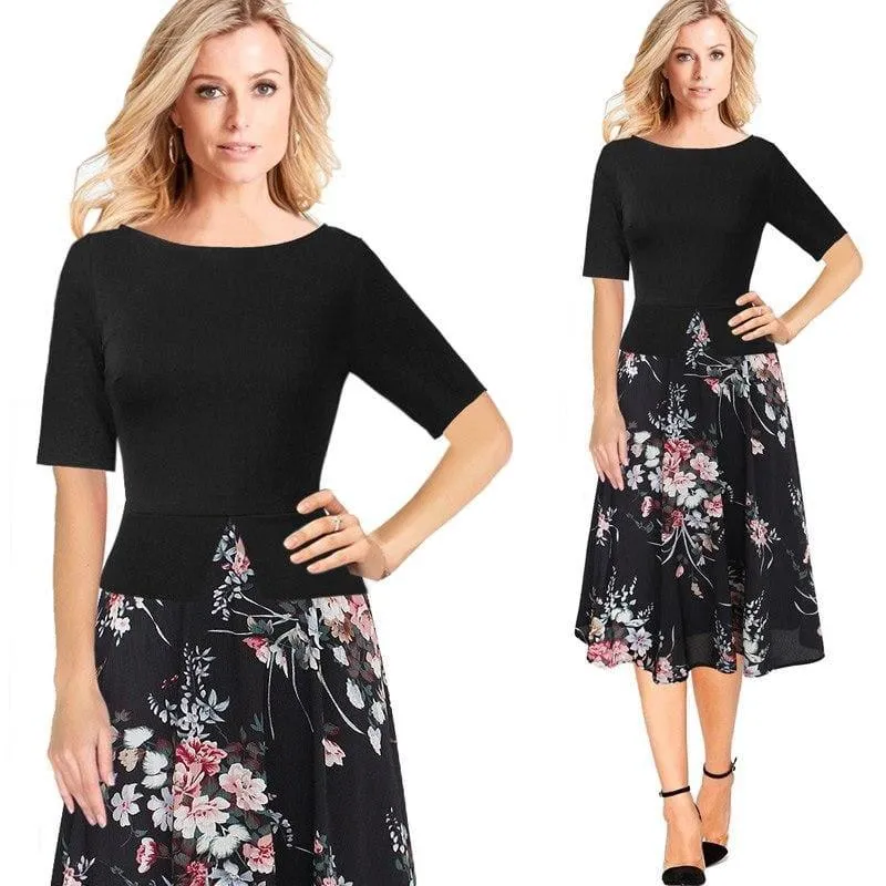 Chiffon Floral Print  Tunic Work Office Wear Fit and Flare A-Line Midi Dress