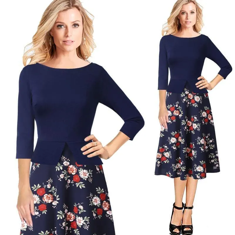 Chiffon Floral Print  Tunic Work Office Wear Fit and Flare A-Line Midi Dress