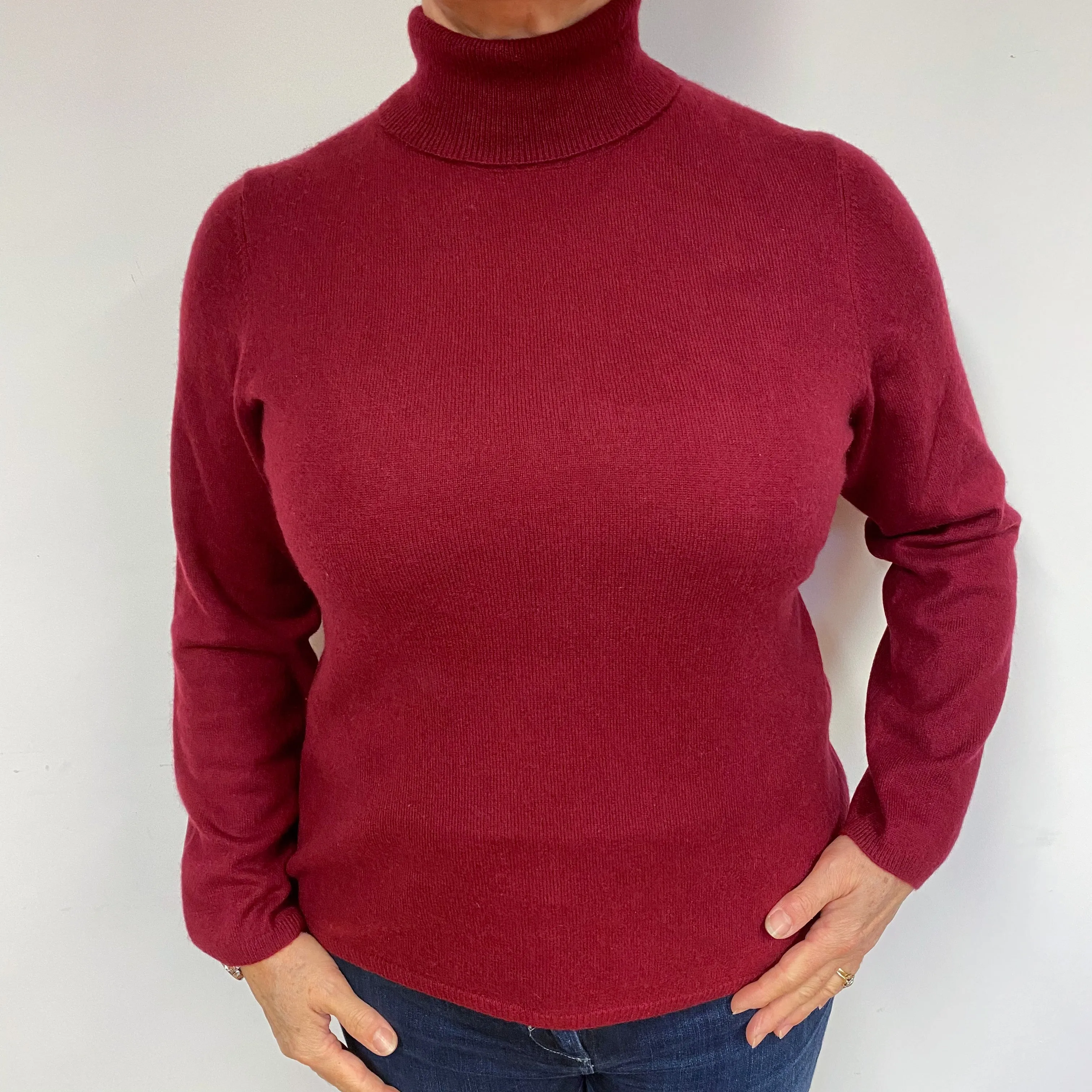 Claret Red Cashmere Polo Neck Jumper Large