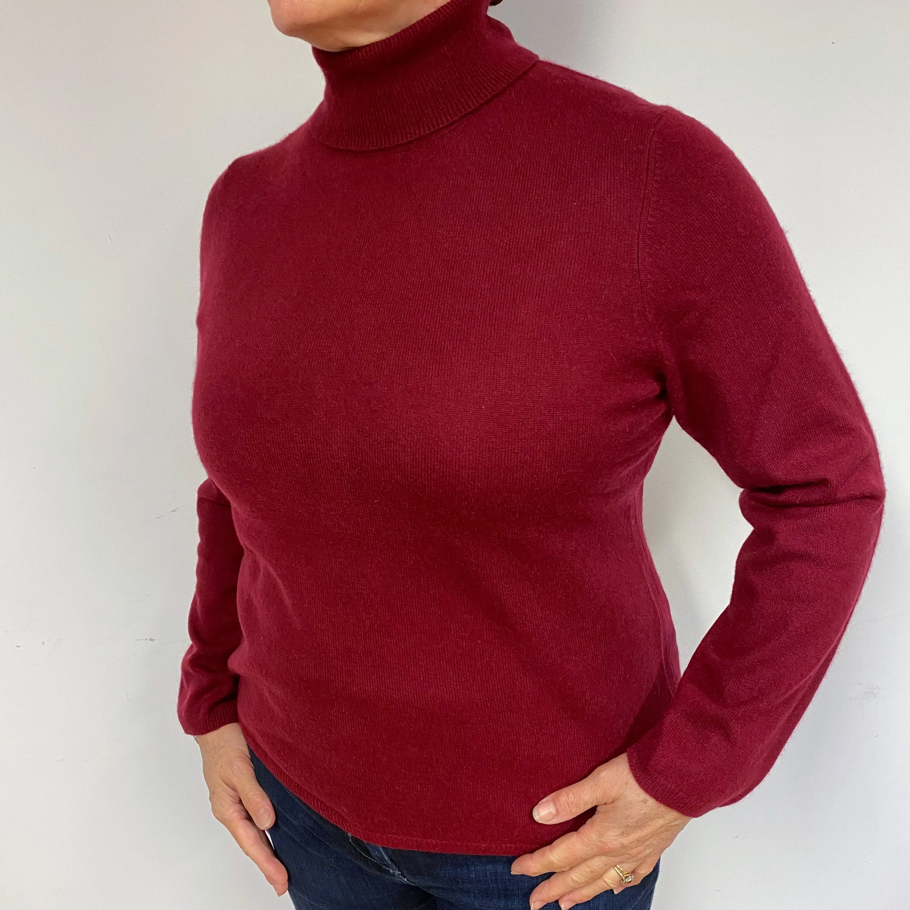 Claret Red Cashmere Polo Neck Jumper Large