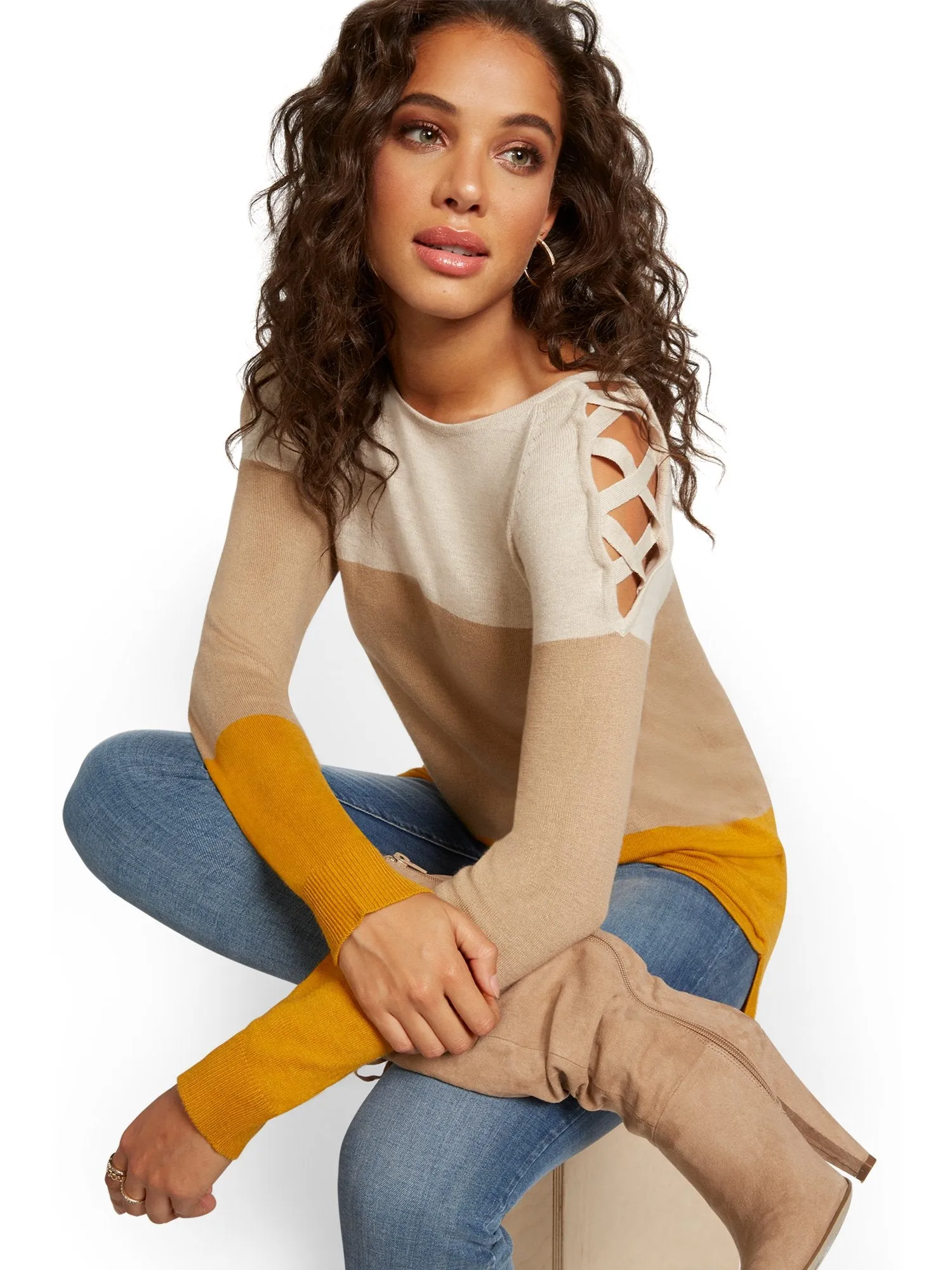 Colorblock Crisscross Hi-Lo Tunic Sweater