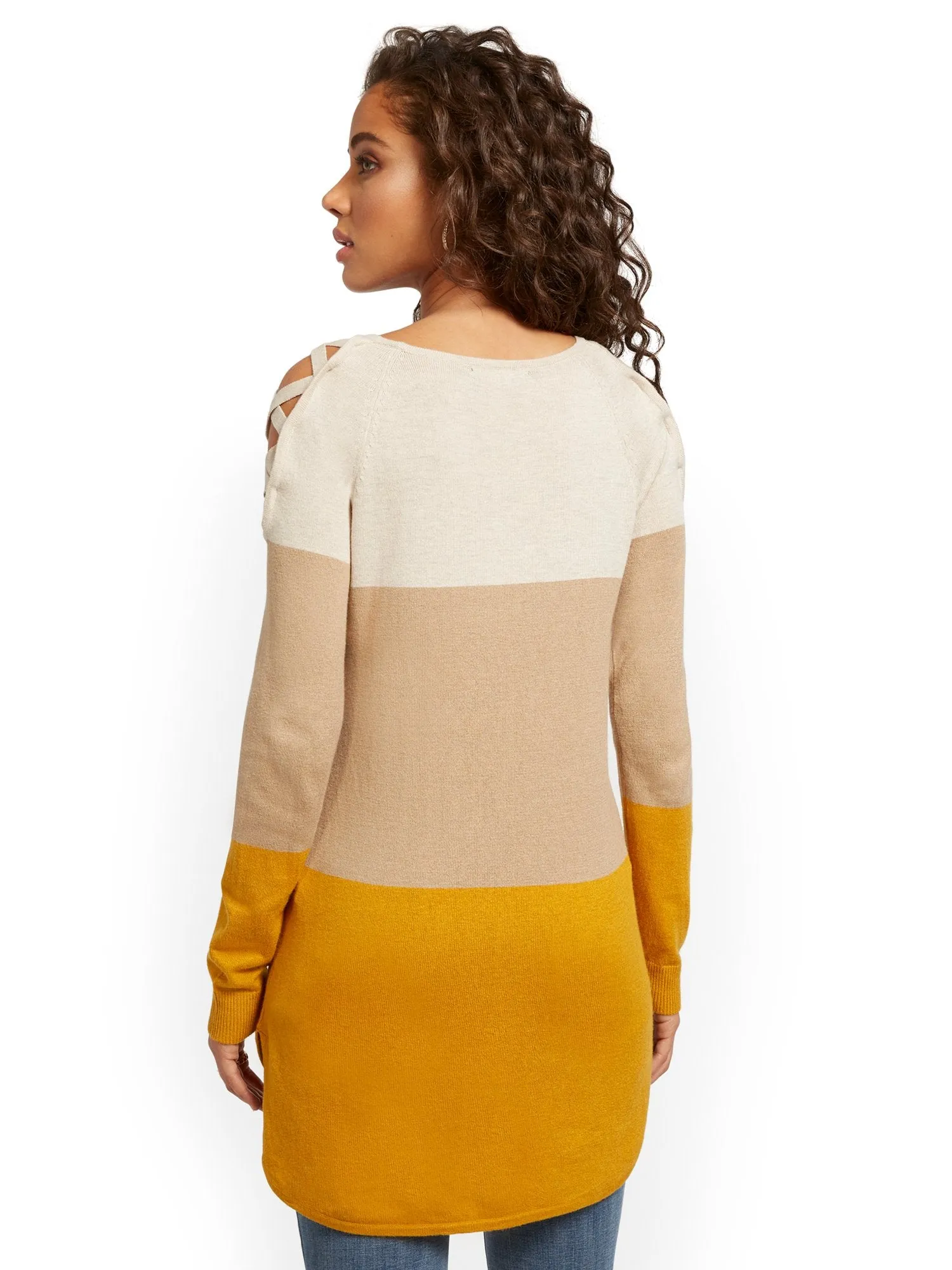 Colorblock Crisscross Hi-Lo Tunic Sweater