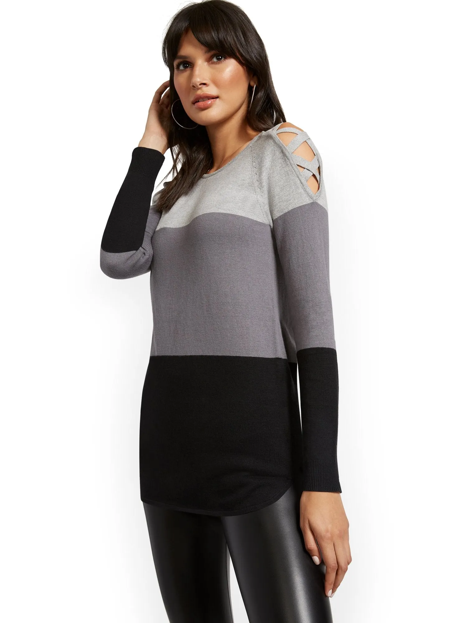 Colorblock Crisscross Hi-Lo Tunic Sweater