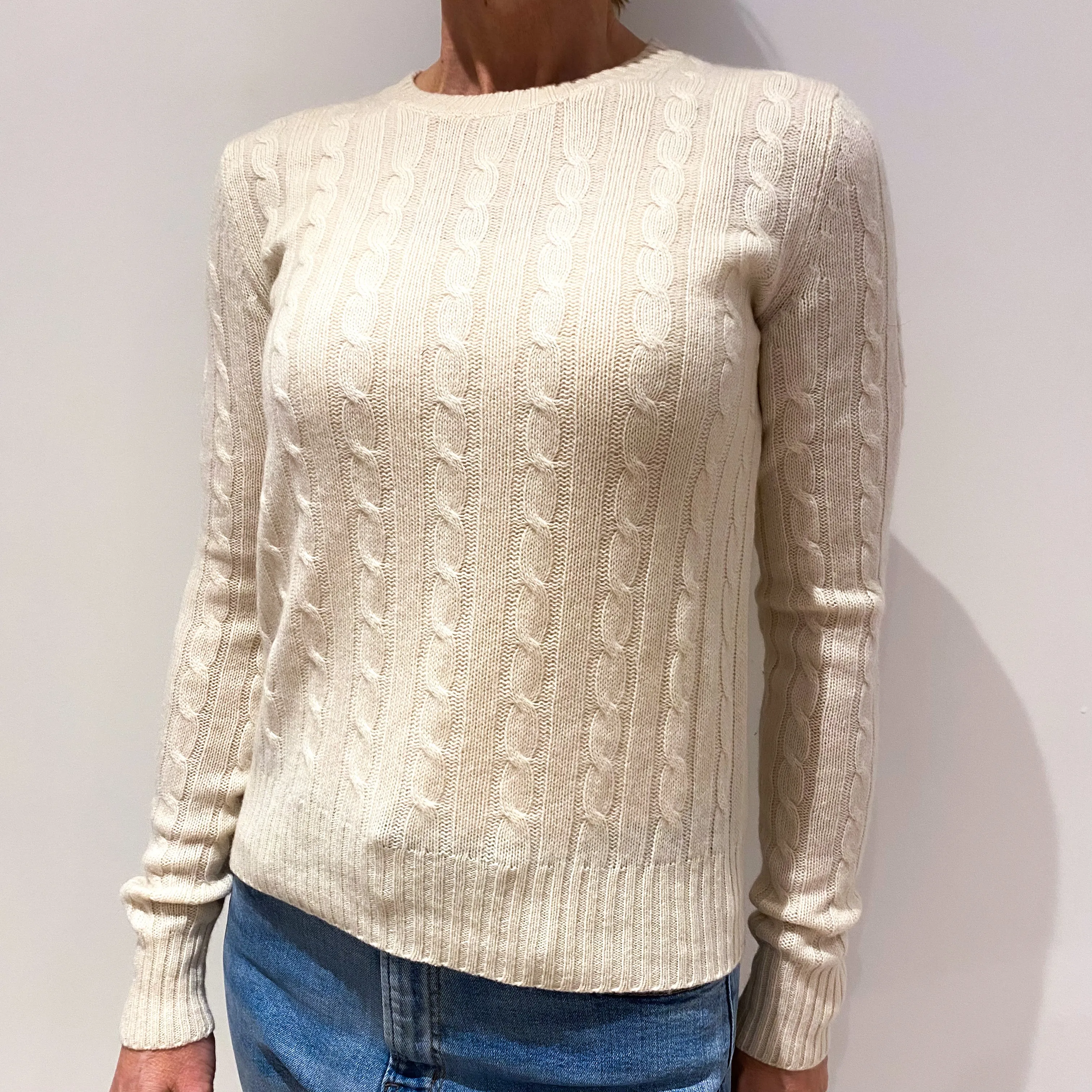 Cream Cable Knit Cashmere Crew Neck Jumper Small