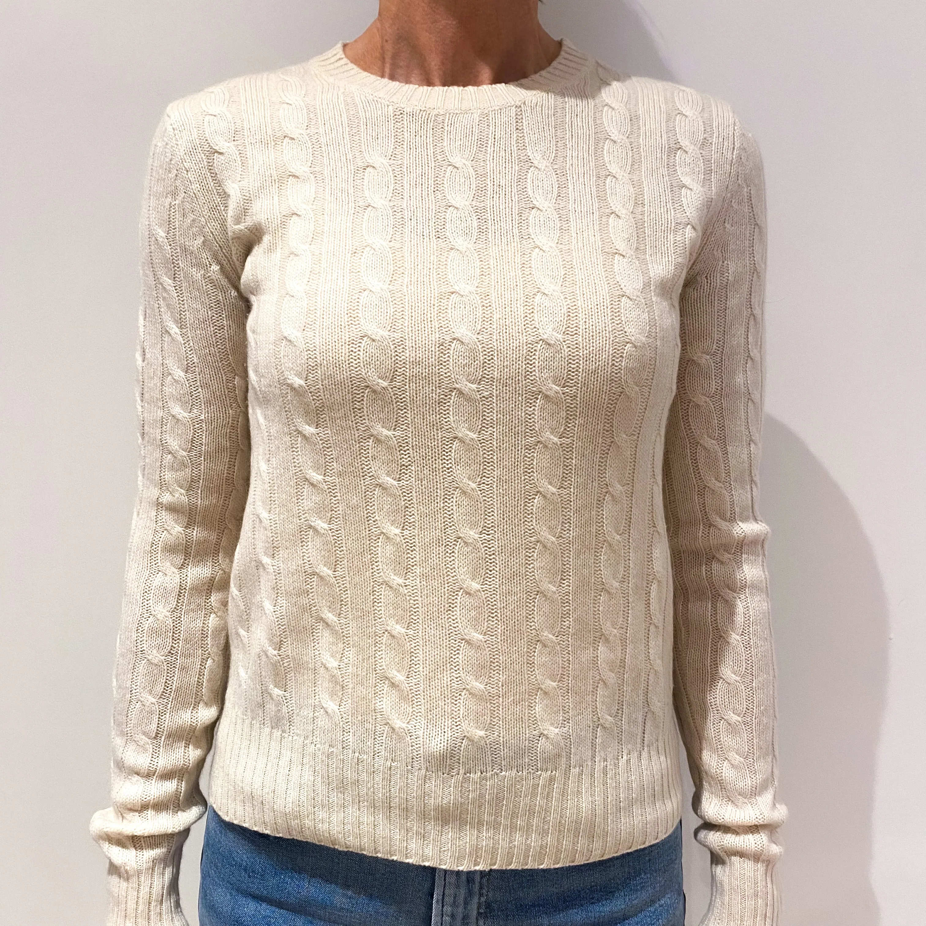 Cream Cable Knit Cashmere Crew Neck Jumper Small