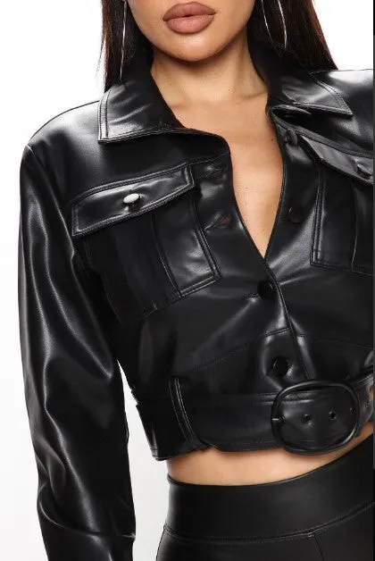 Cropped Collar Leather Jacket, Black