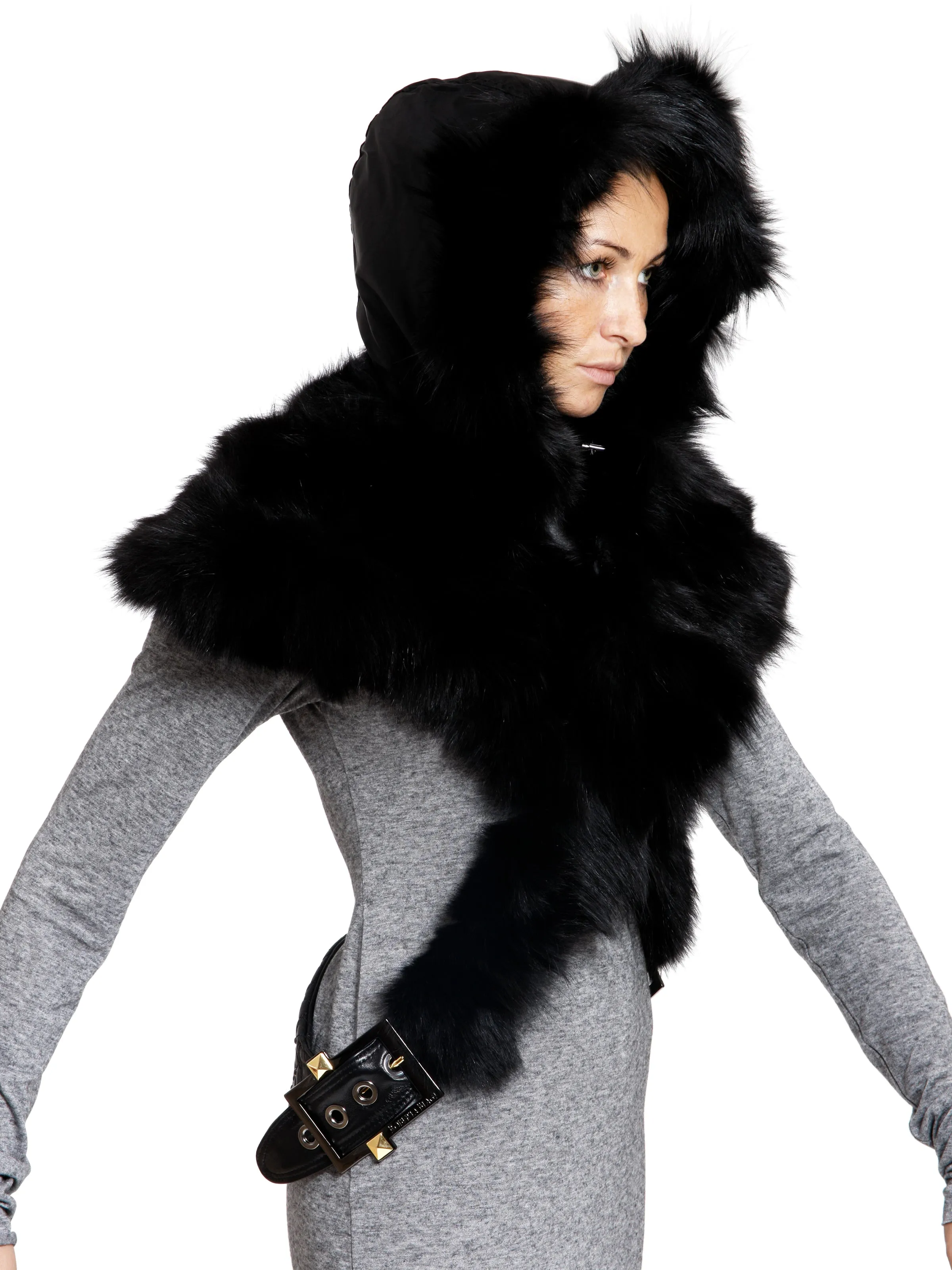 Cropped Fur-Blend Hooded Neck Cape