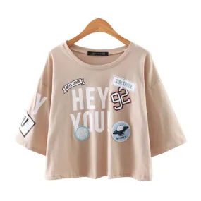 Cute Letter Print and Patch Summer Cropped Top Shirt