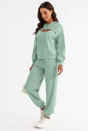 Cutout Drawstring Hoodie and Joggers Active Set