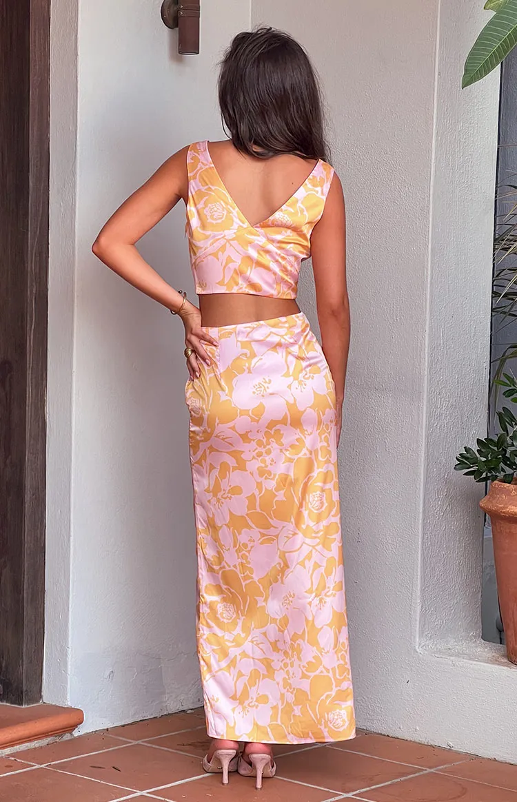 Dahlia Orange And Pink Floral Print Maxi Skirt