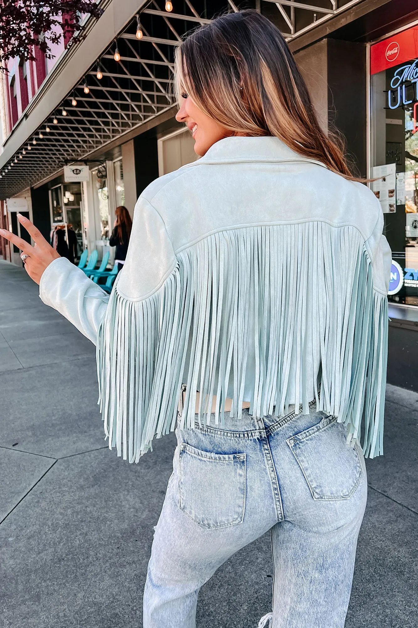 Daring Delight Faux Suede Fringe Jacket (Baby Blue)