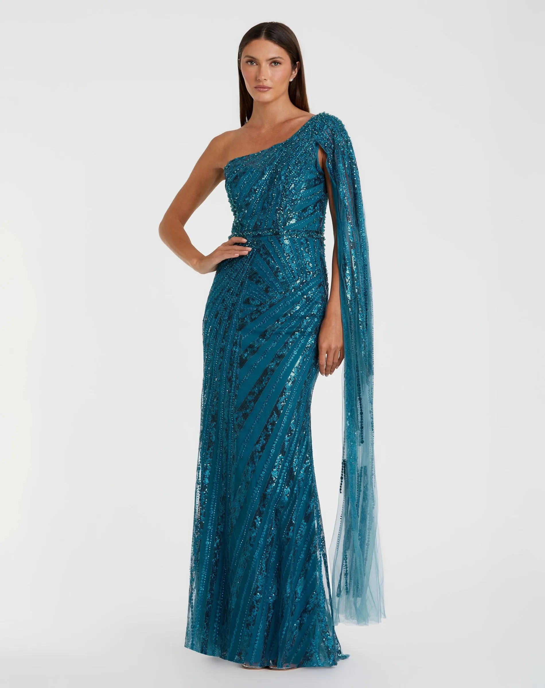 Dark Blue One Shoulder Cape Sleeve Embellished Gown