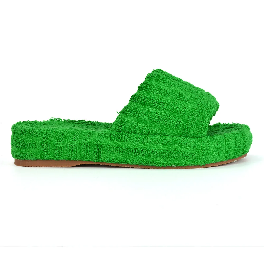 Darla Terry Towelling Sliders Beach Platform Flat Sandals Slippers In Green