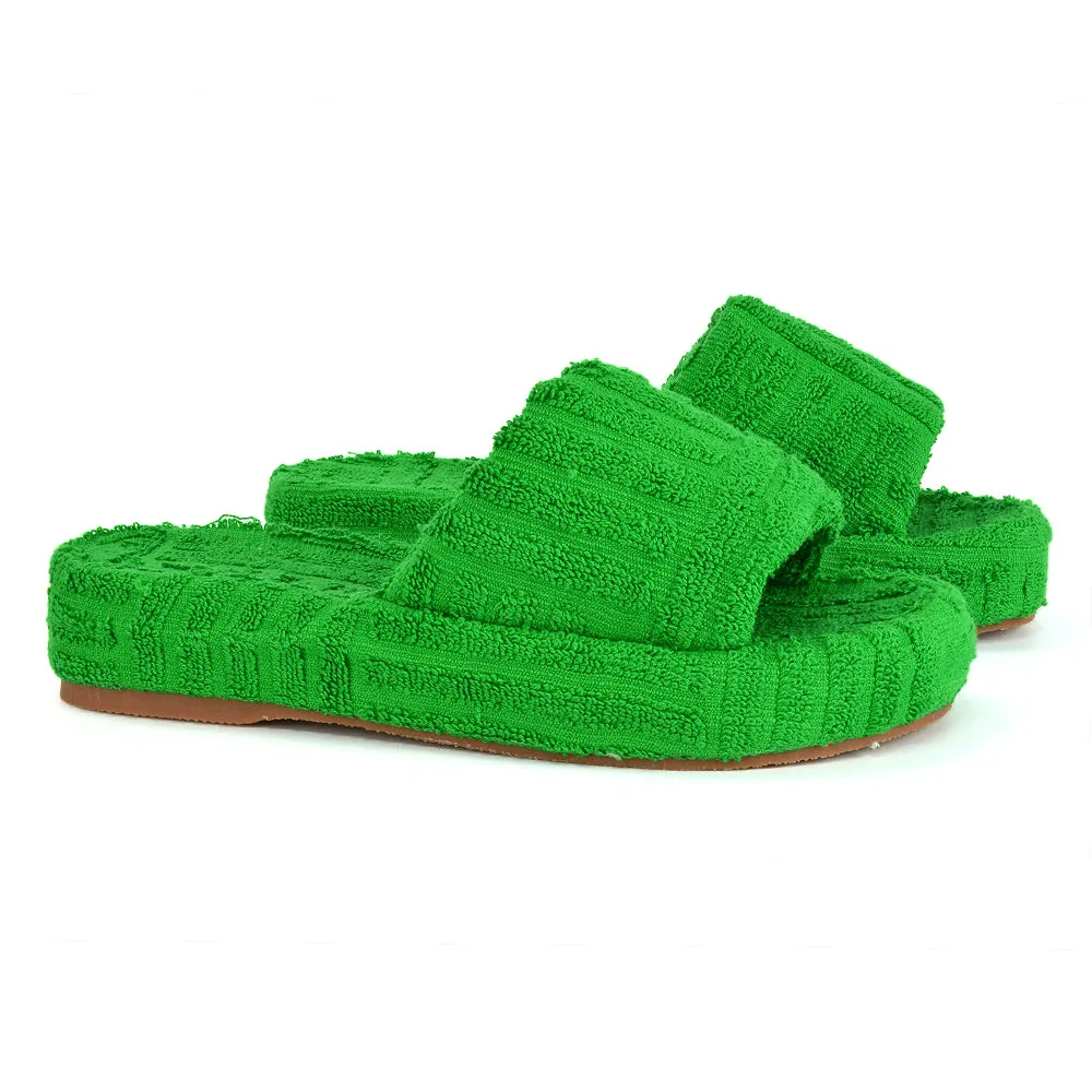 Darla Terry Towelling Sliders Beach Platform Flat Sandals Slippers In Green