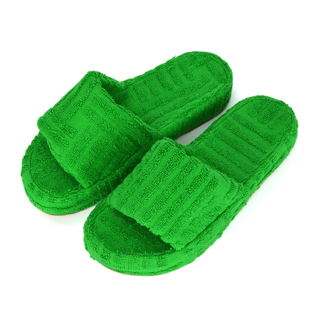 Darla Terry Towelling Sliders Beach Platform Flat Sandals Slippers In Green