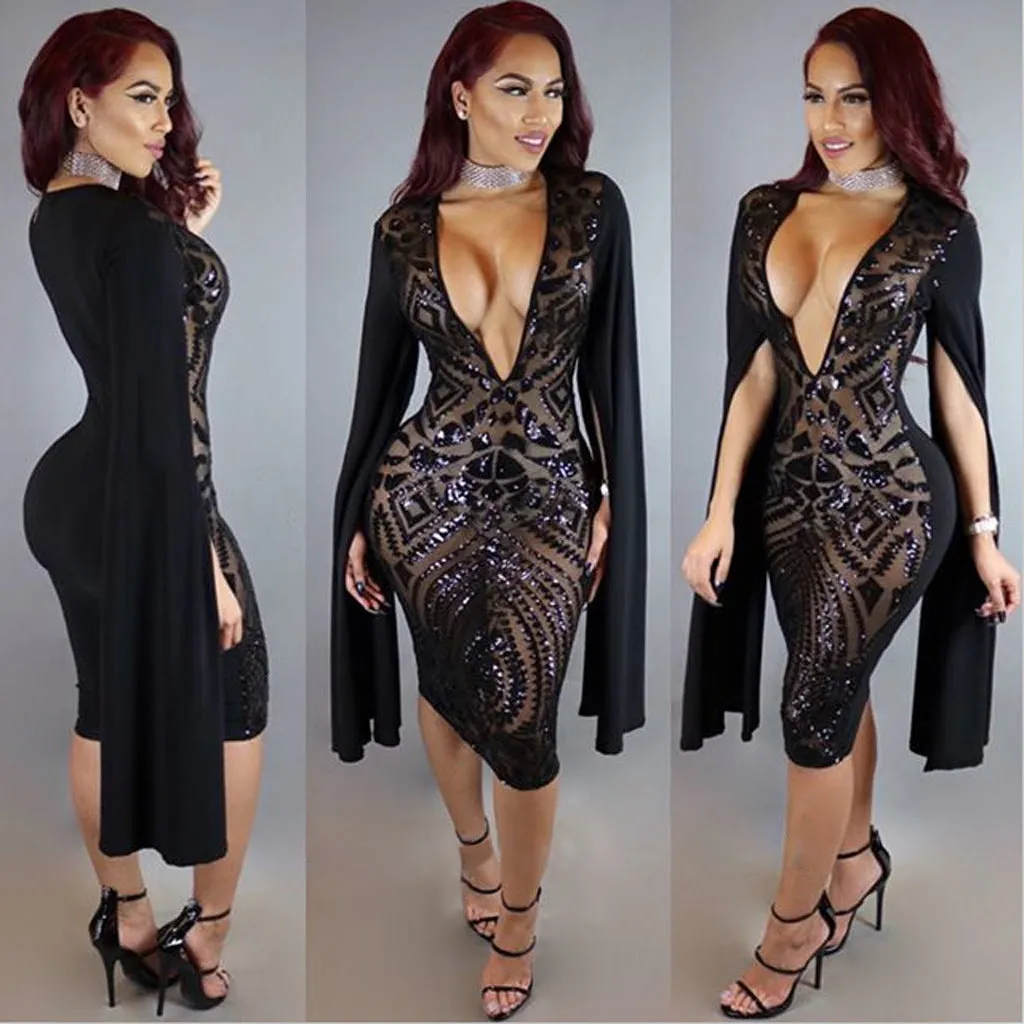 Deep V-neck Bodycon Sequins Knee-length Dress