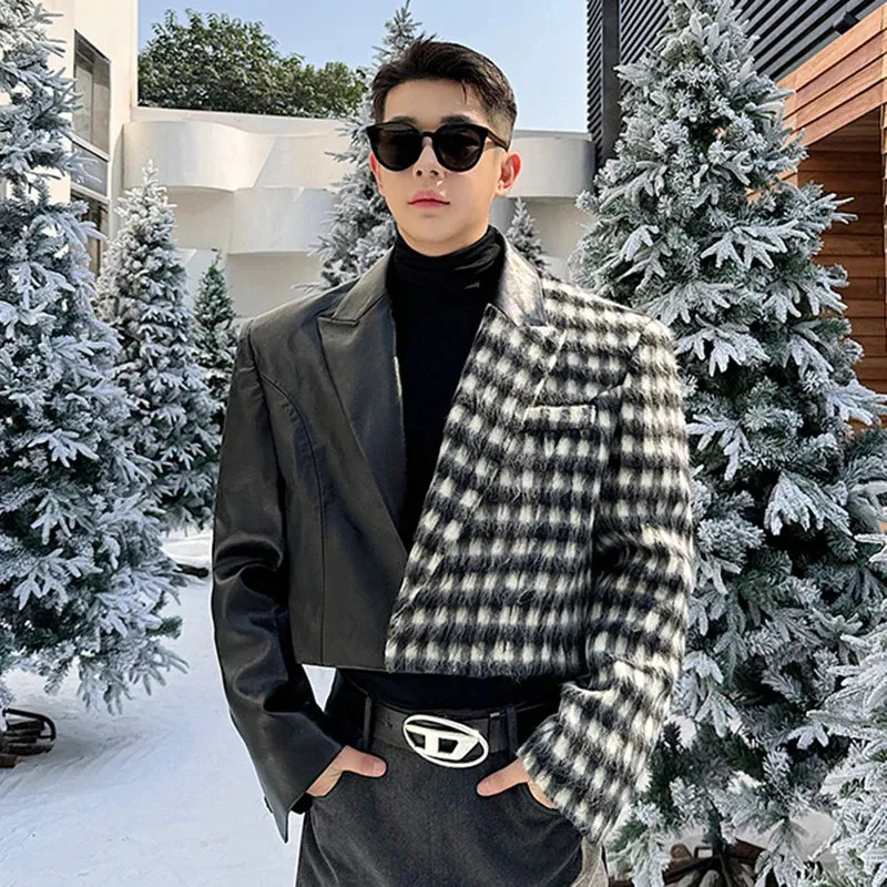 Designer Men's Jacket Contrast Color Plaid Woolen Leather Patchwork Short Coat Versatile Turn-down Collar Male Top 9C3595