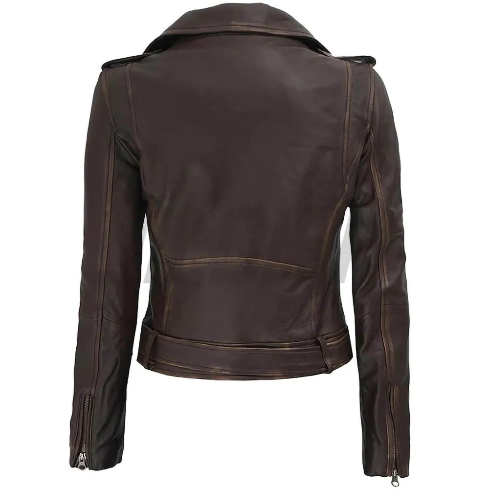 Distressed Brown Vintage Style Cropped Biker Streetwear Leather Jacket Womens