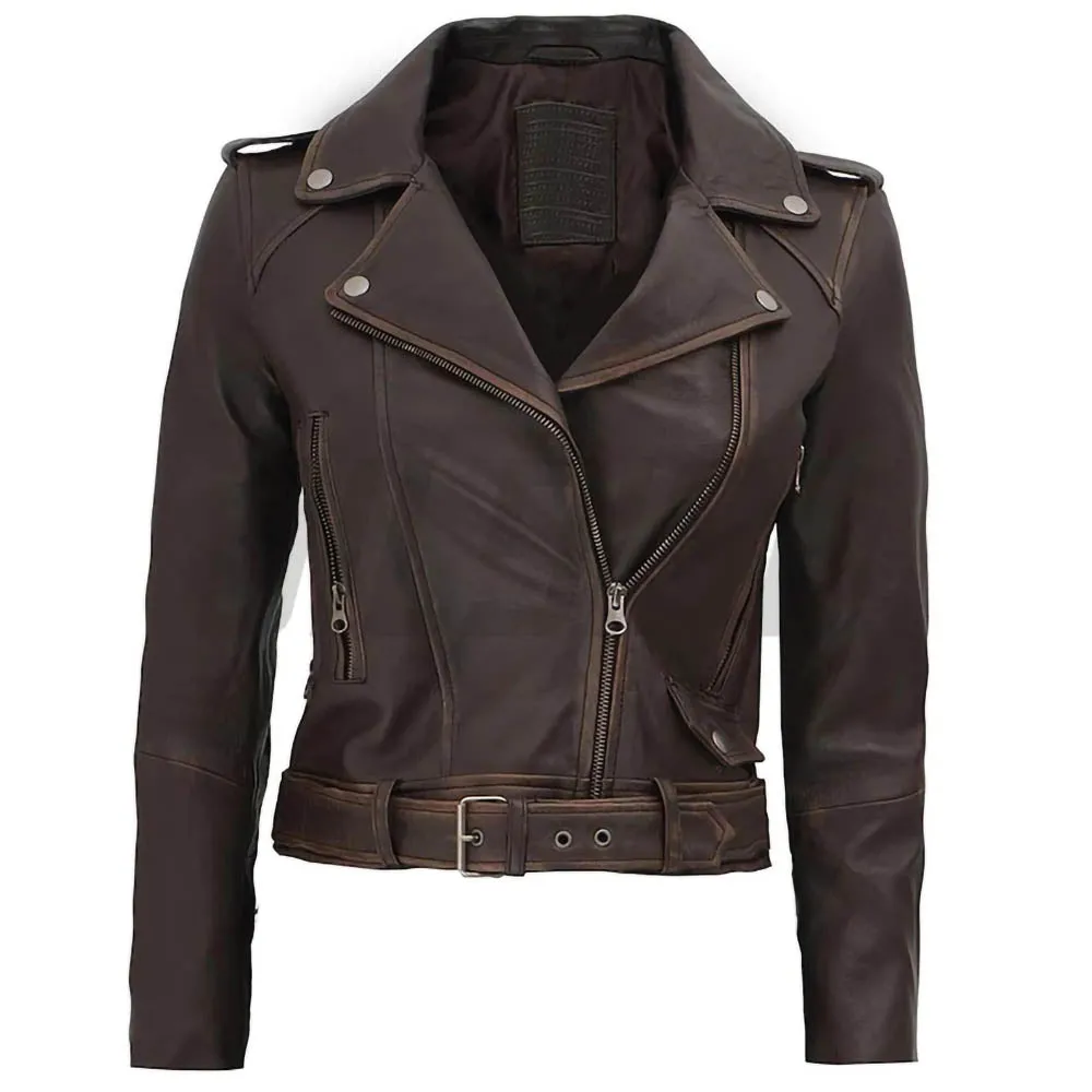 Distressed Brown Vintage Style Cropped Biker Streetwear Leather Jacket Womens