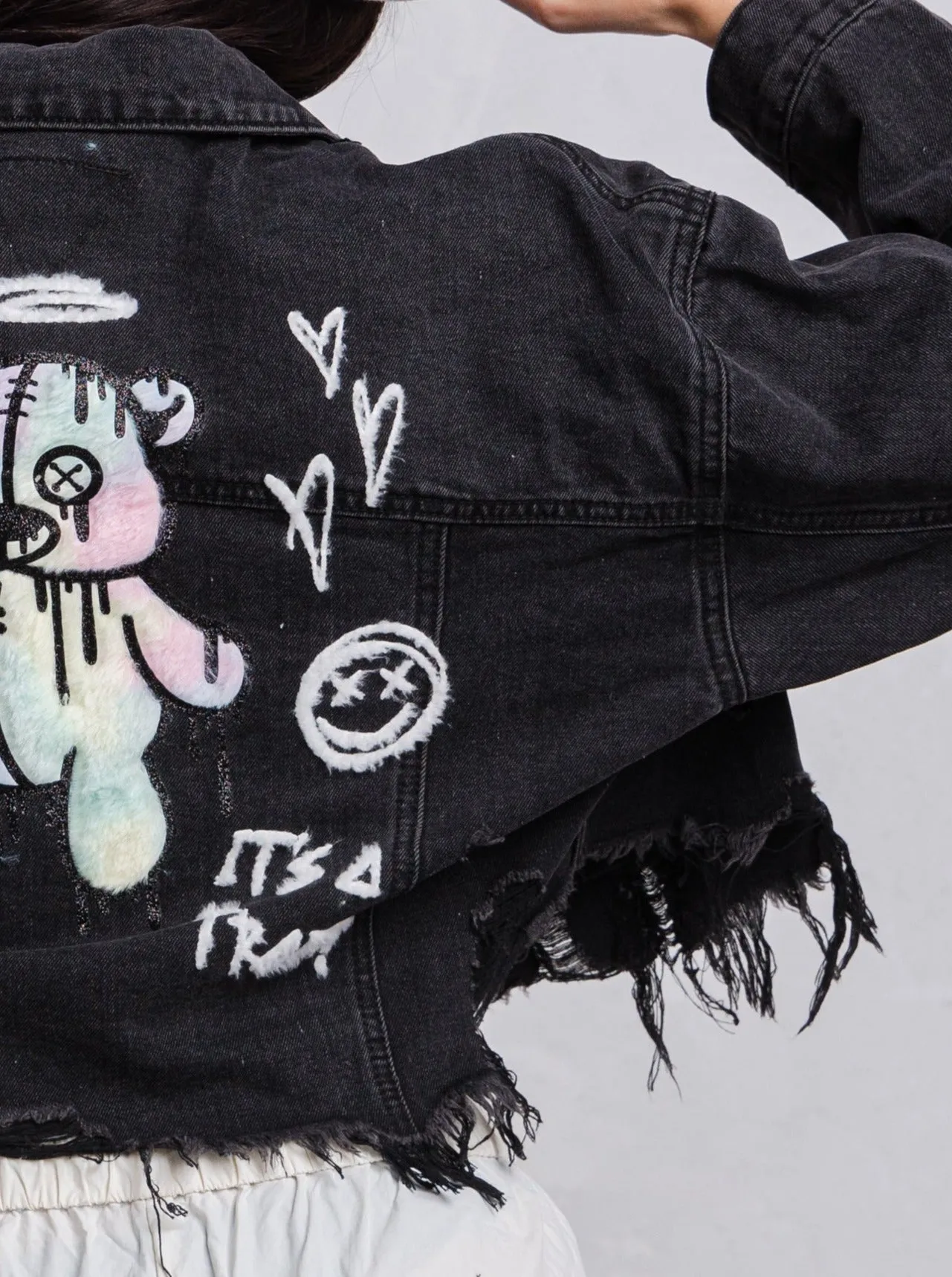 DON'T GROW UP White Font (BLK DN) Black Font (BLUE DN) Crop Denim Jacket