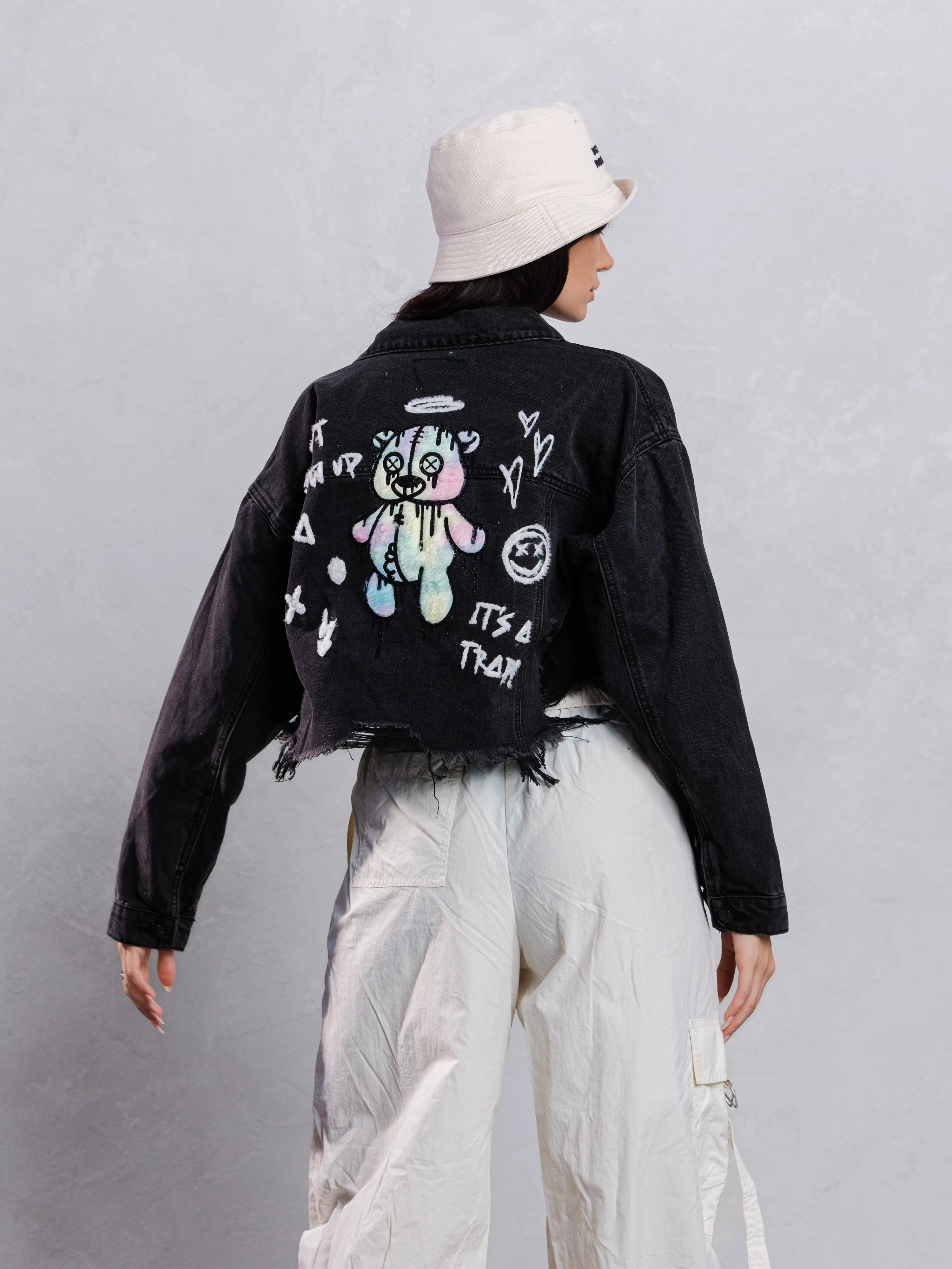 DON'T GROW UP White Font (BLK DN) Black Font (BLUE DN) Crop Denim Jacket