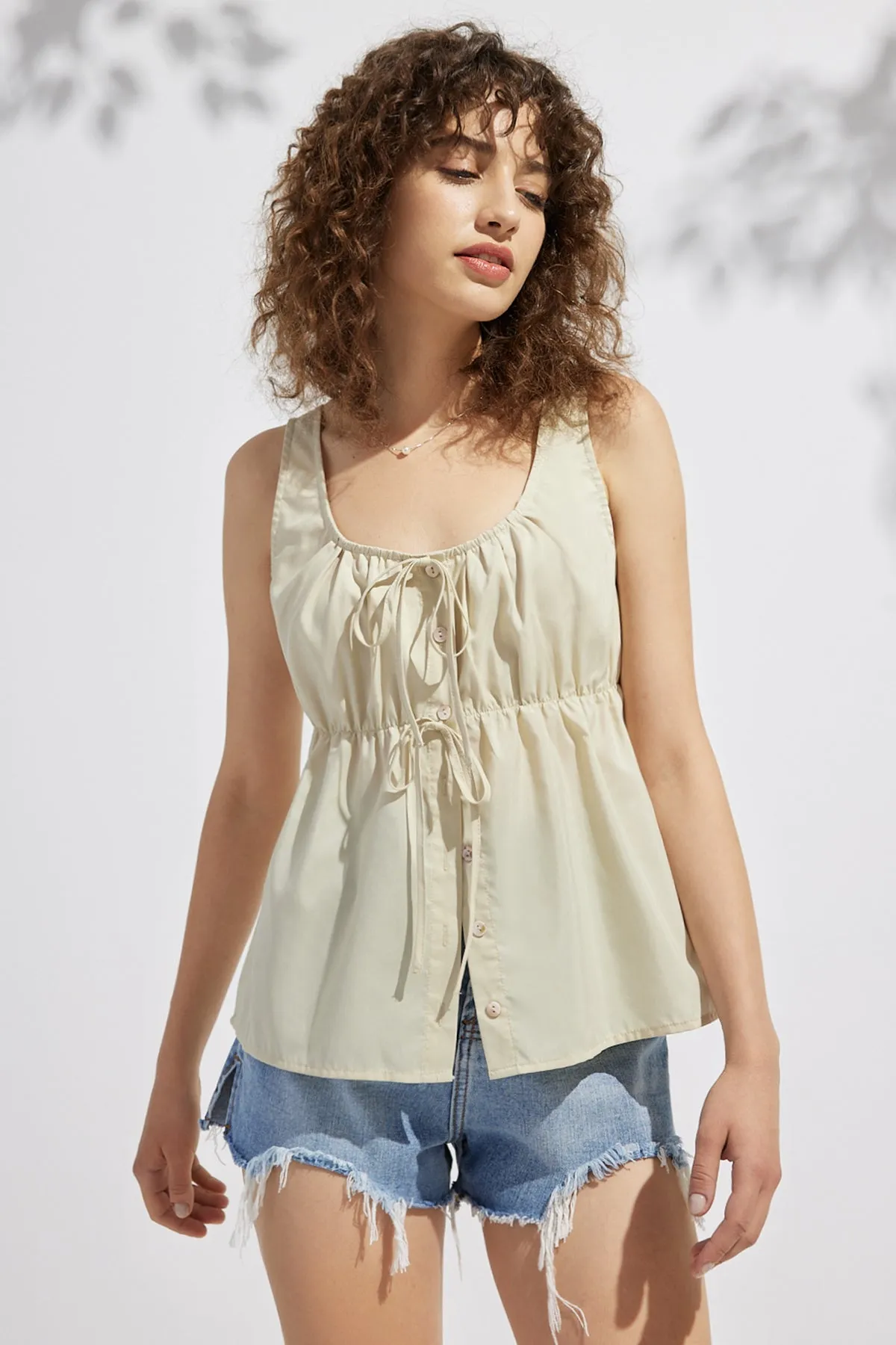 Drawstring Tie Front U Neck Top