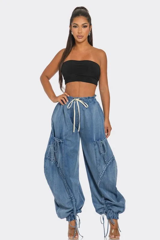 Dreya Drawstring Denim Cargo Pants