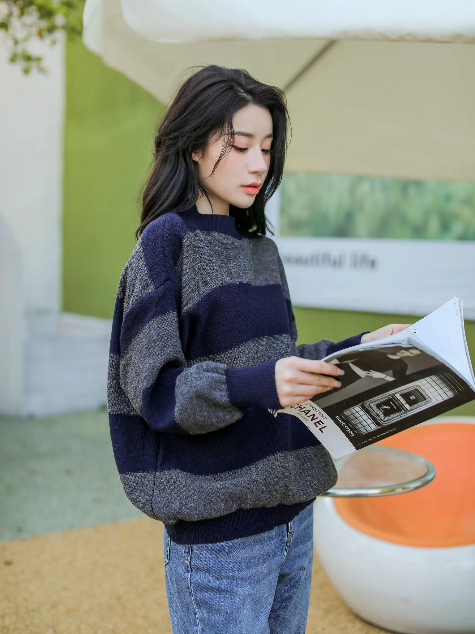 Drop Shoulder Striped Sweater