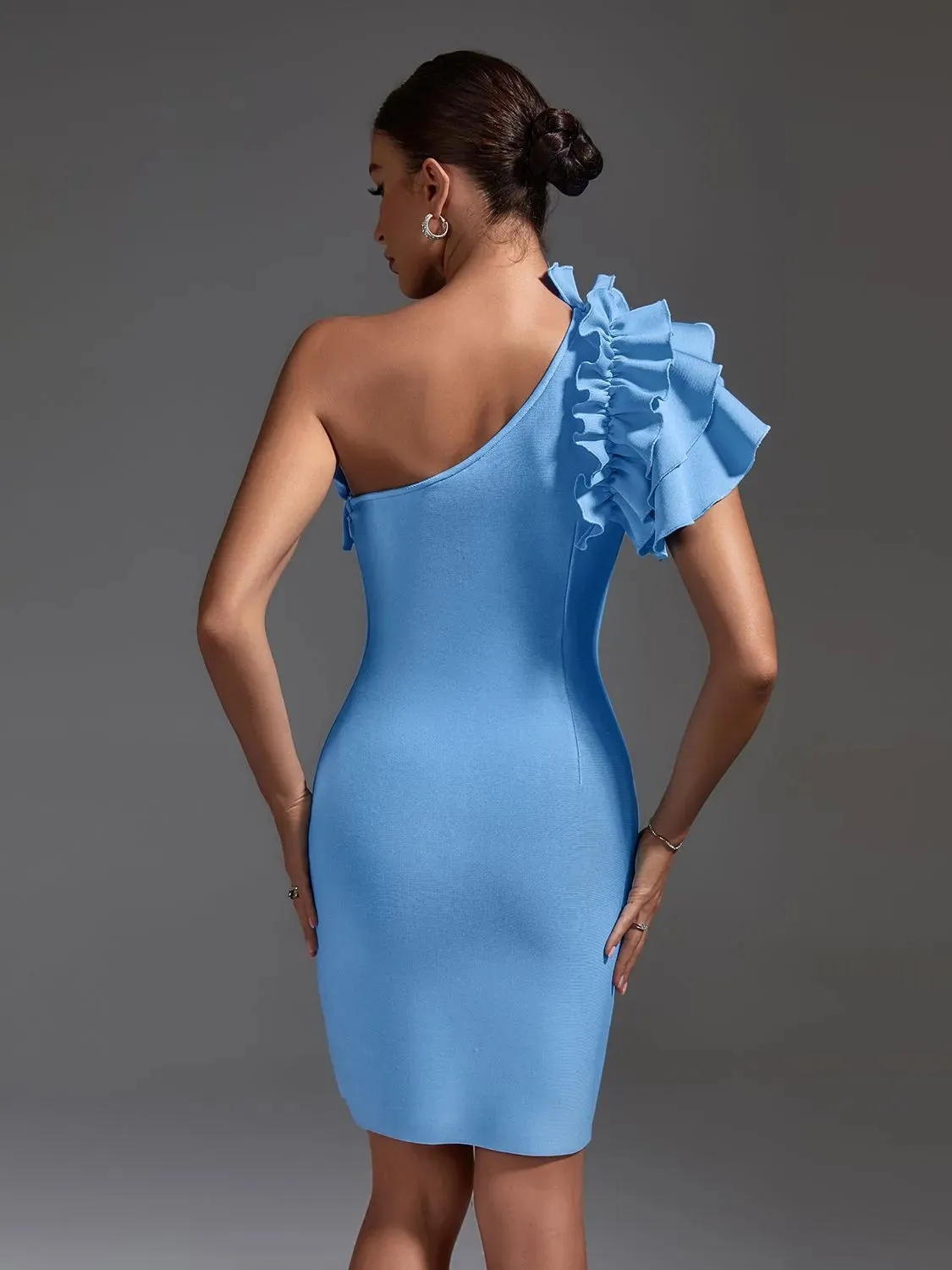 Elegant Blue Ruffle One Shoulder Bodycon Dress