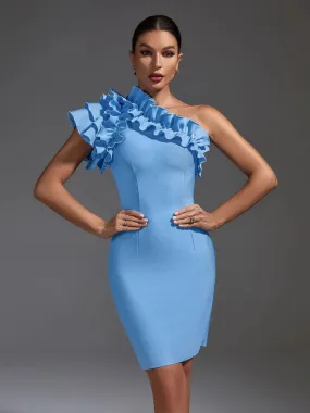 Elegant Blue Ruffle One Shoulder Bodycon Dress