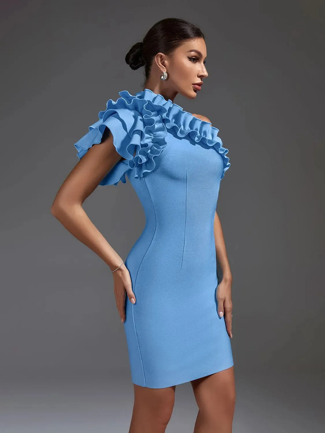 Elegant Blue Ruffle One Shoulder Bodycon Dress