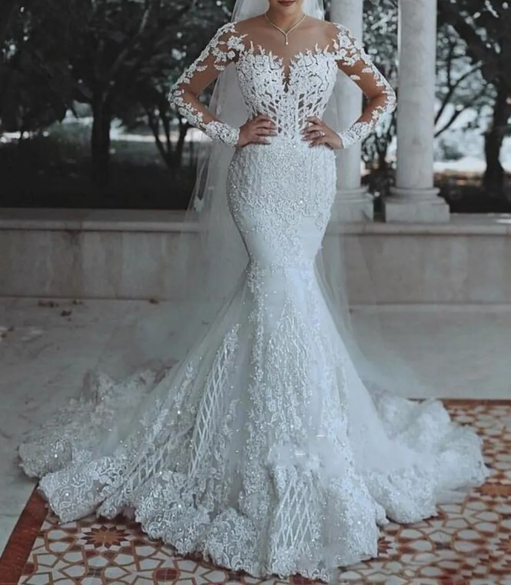 Elegant  Lace  Mermaid Wedding Dress With long Sleeves