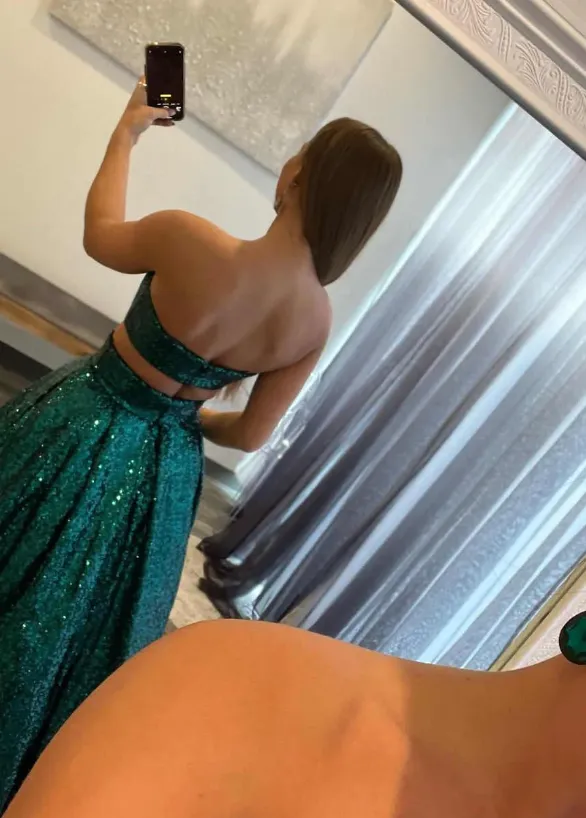 Emerald Green Sequins Two Piece Prom Dress with Pockets     fg1723