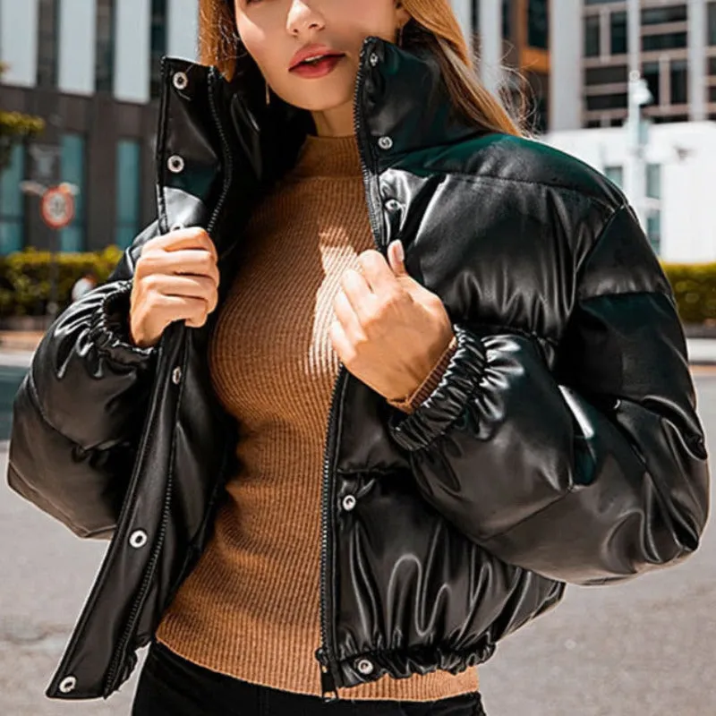 Faux Leather Cotton Padded Down Jacket