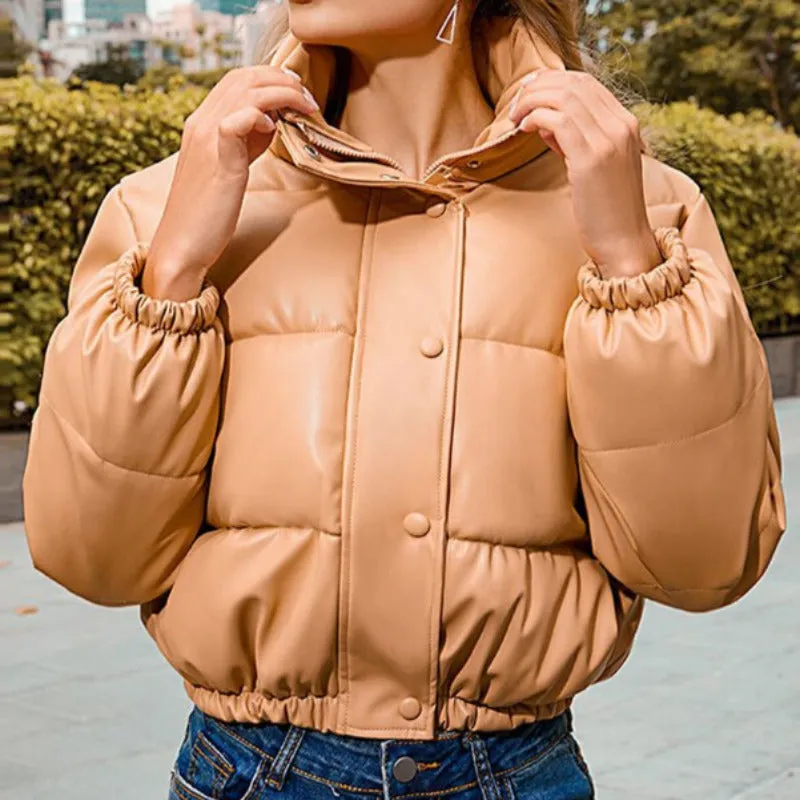 Faux Leather Cotton Padded Down Jacket