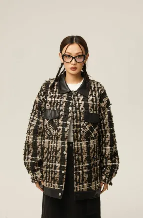 Faux Leather Trim Oversized Tweed Jacket