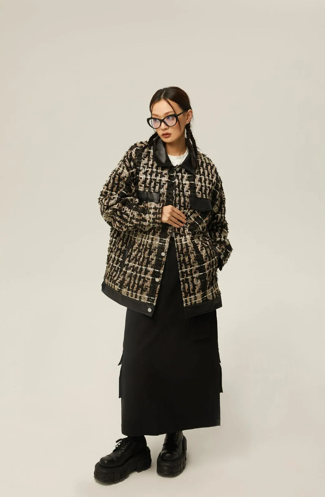 Faux Leather Trim Oversized Tweed Jacket