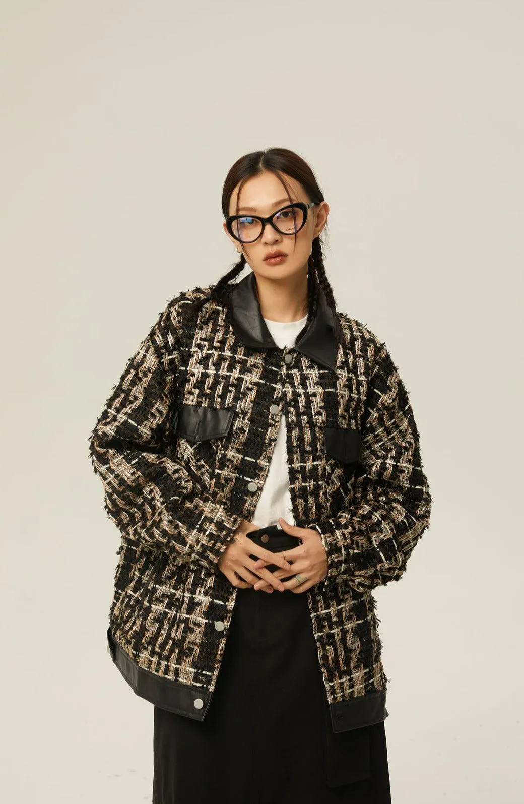 Faux Leather Trim Oversized Tweed Jacket