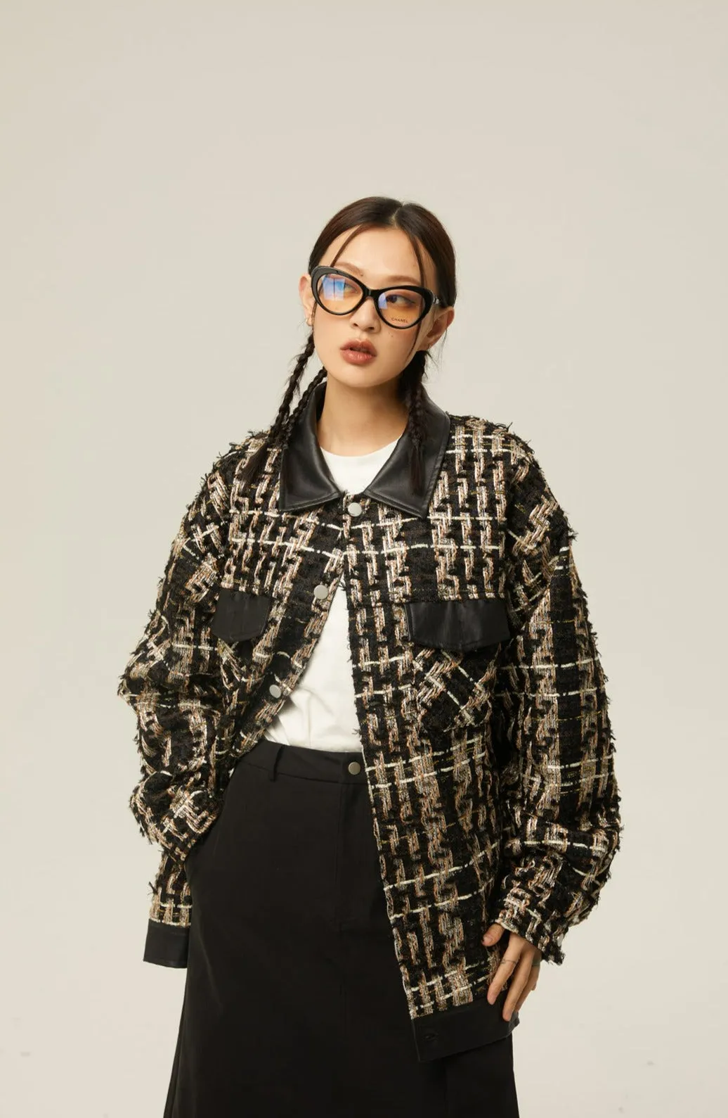 Faux Leather Trim Oversized Tweed Jacket