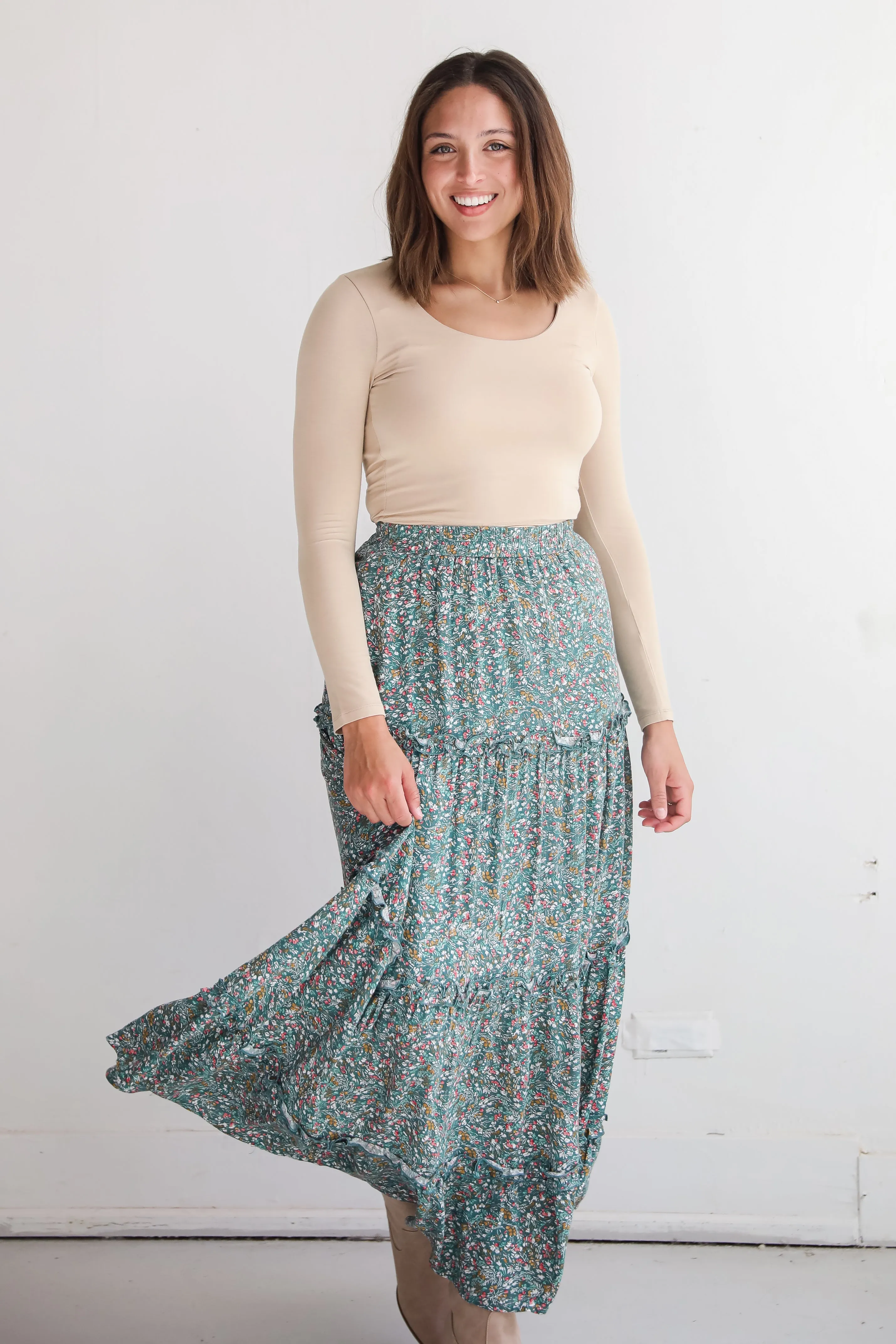 FINAL SALE - Feeling So Sweet Teal Floral Tiered Maxi Skirt