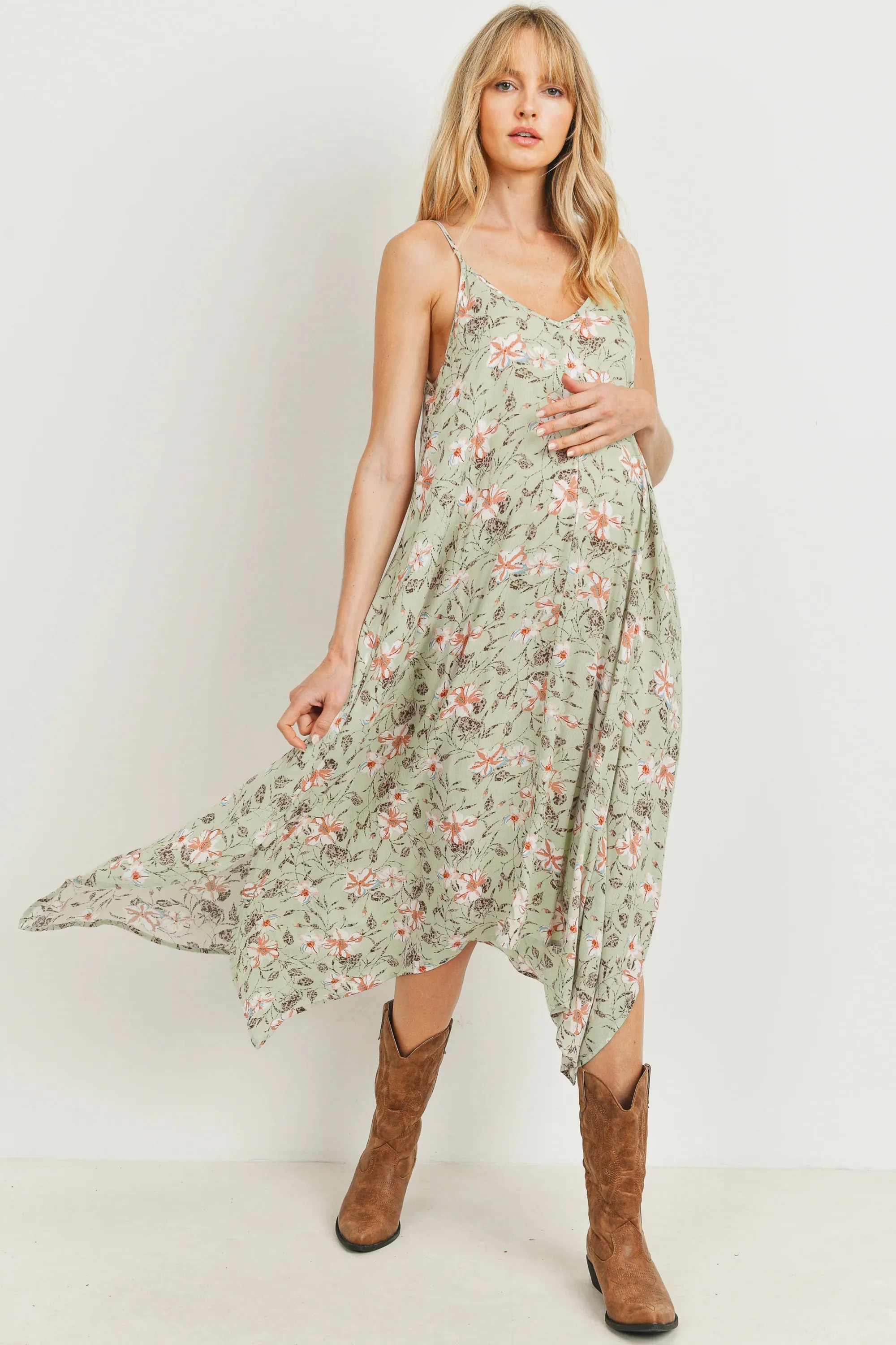 Floral Spaghetti Strap Maternity Midi Slip Dress