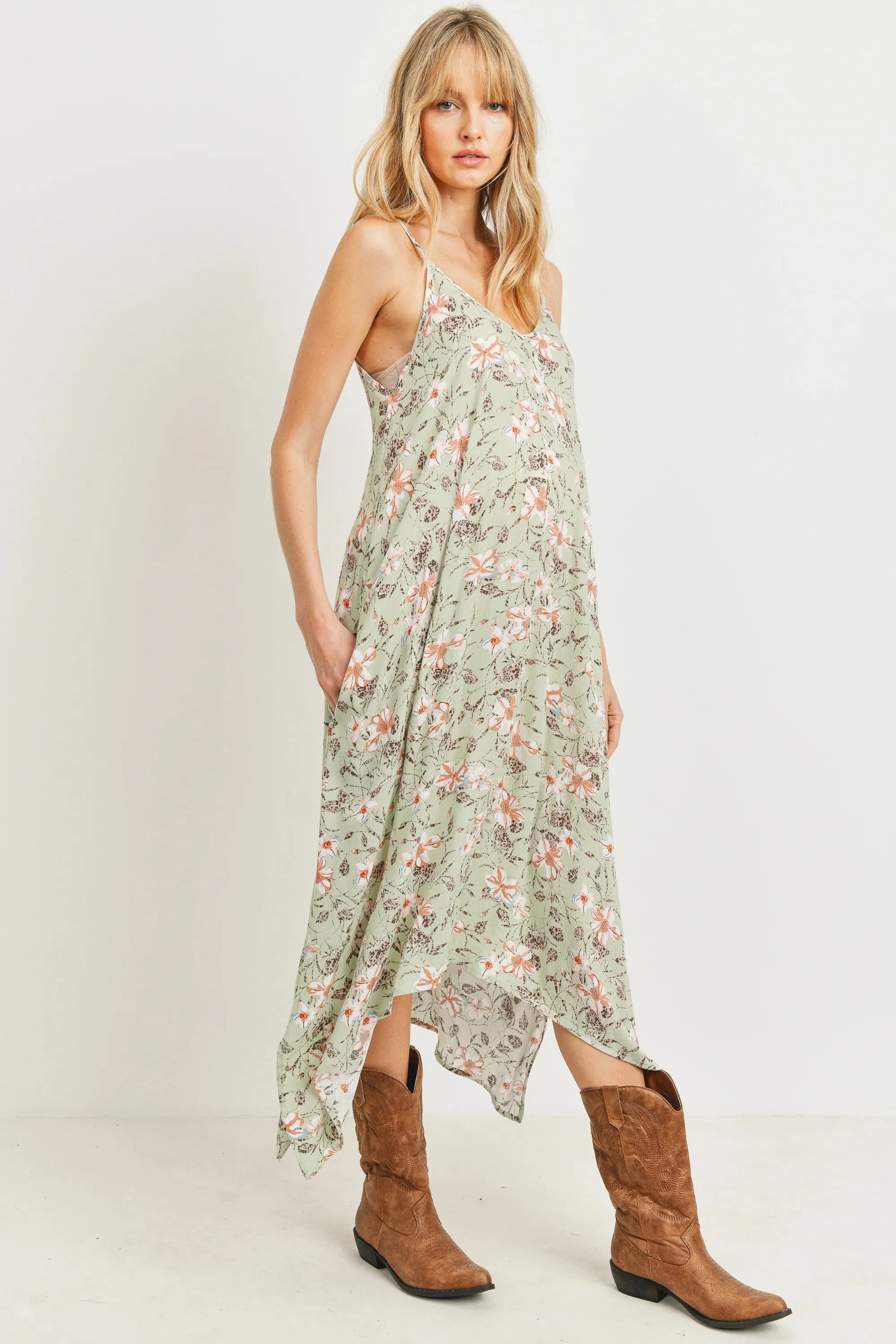 Floral Spaghetti Strap Maternity Midi Slip Dress